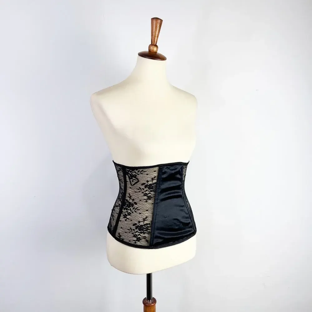 Black lace waist trainer corset back hook and eye side lace up Size XS/S